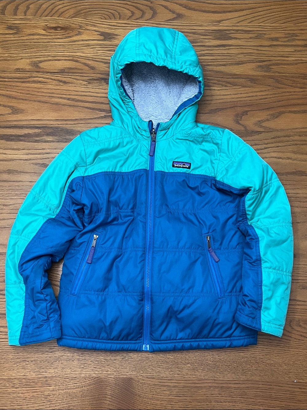 Patagonia Kids Teal and Blue Hooded Puffer Jacket